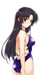  1girl ass backless_swimsuit bangs black_eyes black_hair blush breasts closed_mouth cowboy_shot eyebrows_visible_through_hair from_behind game_cg hair_between_eyes hair_intakes hair_ribbon highres koga_sayoko long_hair looking_at_viewer medium_breasts misaki_kurehito purple_swimsuit red_ribbon ribbon shiny shiny_hair smile_cubic! solo standing straight_hair swimsuit tachi-e transparent_background very_long_hair 