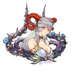  1girl alternate_costume artist_name bangs bare_shoulders bikini blush breasts collarbone detached_collar fire_emblem fire_emblem_heroes flower freyja_(fire_emblem) goat_horns hair_ornament horns large_breasts lips long_hair looking_at_viewer meziosaur official_alternate_costume parted_lips red_eyes shiny shiny_hair shiny_skin signature silver_hair simple_background sleeveless swimsuit thorns upper_body white_bikini 