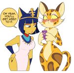  absurd_res animal_crossing ankha_(animal_crossing) blush cellphone clawroline clothing dialogue domestic_cat duo felid feline felis female hi_res humor idolomantises kirby_(series) kirby_and_the_forgotten_land leopard mammal nintendo pantherine phone simple_background video_games white_background 