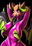  absurd_res anthro black_background black_wings canid canine crown_(usernamecrownisalreadytake) demon digital_drawing_(artwork) digital_media_(artwork) fapchop female fox green_eyes green_horn green_nipples green_tongue green_wings hands_behind_head hi_res hood horn long_tongue mammal membrane_(anatomy) membranous_wings nipple_mouth nipples open_mouth orange_body purple_body purple_eyes purple_nose raised_arm rubber simple_background solo tongue tongue_out whiskers wings 