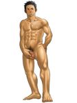  1boy abs black_hair brown_eyes disturbed full_body itto_(mentaiko) male male_focus masturbation mentaiko muscle muscles nude penis simple_background solo upset white_background 