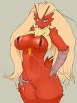 areola_slip areolae beak bikini blaziken blonde_hair blue_eyes breasts claws cleavage furry gen_3_pokemon grey_background hands_on_hips large_breasts long_hair micro_bikini pokemon pokemon_(creature) red_skin sideboob sindoll slingshot_swimsuit solo standing swimsuit twintails wide_hips yellow_sclera 