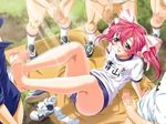  censored character_request feet footjob group_sex gym_uniform magenta_hair penis pink_hair source_request 