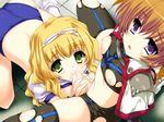  2girls artist_request blonde_hair brown_hair character_request cum fellatio female_on_futa flat_chest futa_on_female futa_with_female futanari green_eyes long_hair oral penis purple_eyes short_hair source_request wavy_hair 