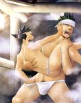  2boys black_hair fundoshi holding_in_arms itto_(mentaiko) mentaiko multiple_boys muscle muscles playing_around pushing_away yaoi 