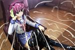  1girl angel_beats! blue_eyes bukkake chair cum cum_everywhere cum_on_hair facial highres photoshop purple_hair school_uniform smile thighhighs yuri_(angel_beats!) zettai_ryouiki 