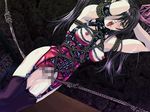  1girl bdsm black_hair blush bondage bound censored crotch_rope dutch_angle garter_straps indoors long_hair open_mouth pigeon_blood pussy_juice rope rope_walking saliva solo sweat tears thighhighs 