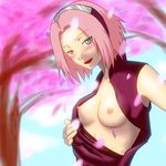  1girl bare_shoulders blue_sky blush breasts cloud cloudy_sky emz forehead_protection green_eyes haruno_sakura headband headdress konohagakure_symbol looking_at_viewer lowres md5_mismatch naruto naruto_shippuuden nipples open_clothes open_mouth open_shirt outdoors petals pink_hair red_shirt sakura shirt short_hair sky sleeveless sleeveless_shirt smile solo tree 