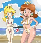  2girls beach blush breasts cleavage crown female mario_(series) multiple_girls nintendo outdoors princess_daisy princess_peach sky smile super_mario_bros. super_mario_land swimsuit tan tanline wink 