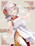  1girl ;d ahoge apron bangs bare_arms bare_shoulders binchou_maguro bun_cover china_dress chinese_clothes commentary_request double_bun dress eyebrows_behind_hair food food_request grey_background grey_hair hair_ornament hairclip holding holding_tray koharu_rikka looking_at_viewer one_eye_closed outline plate purple_eyes red_dress red_footwear shoes short_hair sleeveless sleeveless_dress smile solo standing standing_on_one_leg steam thighhighs tray voiceroid white_apron white_legwear white_outline 