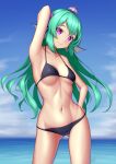  1girl arm_up armpits bikini black_bikini breasts crown finana_ryugu flower green_hair hair_flower hair_ornament head_fins highres lazulight long_hair looking_at_viewer mermaid mini_crown monster_girl navel nijisanji nijisanji_en nitrus presenting_armpit purple_eyes purple_flower standing swimsuit virtual_youtuber 