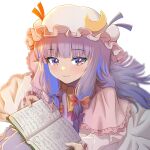  1girl bangs blue_bow blurry blush book bow capelet crescent crescent_hat_ornament depth_of_field dress eyebrows_visible_through_hair frills hat hat_ornament holding holding_book light_smile long_hair long_sleeves looking_at_viewer mob_cap open_book patchouli_knowledge purple_eyes purple_hair ribbon shiroi_karasu simple_background solo touhou white_background 