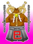  2013 anthro asian_clothing black_nose blush brown_body brown_fur canid canine canis clothing domestic_dog dot_eyes east_asian_clothing fur fuzishiman humanoid_hands japanese_clothing japanese_text kemono male mammal moobs nipples overweight overweight_male solo text 