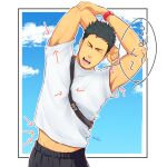  1boy arm_on_head armpit_hair armpits arrow_(symbol) artist_name bag bara between_breasts between_pectorals biceps black_hair breasts closed_eyes cloud cloudy_sky frown highres male_focus mature_male muscular muscular_male navel open_mouth original pants pectorals shirt short_hair sideburns sky solo speech_bubble spiked_hair strap_between_breasts stretch stretched_limb t-shirt tears teeth thick_eyebrows tongue track_pants watch yawning zifu 