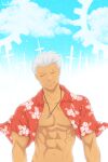  1boy abs archer_(fate) artist_name bara bare_pectorals biceps closed_eyes clothes_lift cloud cloudy_sky collared_shirt fate/grand_order fate/stay_night fate_(series) floral_print gears highres jewelry large_pectorals male_focus manly mature_male muscular muscular_male navel necklace nipples open_clothes open_shirt pectorals shirt shirt_lift sky smile solo spiked_hair summer sword tan unlimited_blade_works_(fate) upper_body weapon white_hair zifu 