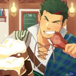  1boy alcohol artist_name beer beer_mug blurry blurry_background bottle building chest_belt clan_senki close-up closed_eyes collared_shirt cup ear_piercing earrings eating fang food food_on_face green_hair highres jewelry lamp light male_focus manly meat mug neil_(clan_senki) pectoral_cleavage pectorals piercing red_hair restaurant scar scarf shirt sideburns sign smile solo wine zifu 
