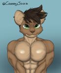  2022 abs anthro big_muscles bust_portrait cammyjazz colored cute_fangs ear_piercing ear_ring fur glistening glistening_eyes green_eyes gulonine hair hi_res inner_ear_fluff large_pecs looking_at_viewer male mammal marten muscular muscular_anthro muscular_male mustelid musteline nude pecs piercing portrait sable_(marten) shaded shy simple_background smile solo solo_focus tuft 