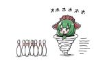  1girl bangs blush bow bowling bowling_pin chibi eyebrows_visible_through_hair frilled_ribbon frills front_ponytail green_eyes green_hair hair_bow kagiyama_hina medium_hair renge_(geso) ribbon simple_background solo sound_effects spinning touhou whirlwind white_background 