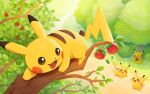  :d animal_focus apple branch closed_eyes closed_mouth commentary_request day eating food fruit holding holding_food holding_fruit leaf ma-hain-scarlet no_humans open_mouth outdoors pikachu pokemon pokemon_(creature) smile tongue tree 