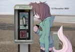  anthro beach business_card canid canine canis clothing date desperation domestic_dog face_covered female homeless_dog hoodie mammal payphone photo_background ponporio_(artist) resting_head sad seaside solo text topwear 