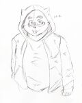  2021 absurd_res anthro canid canine clothing eyewear glasses hi_res hoodie hotate_shokusu japanese_text kemono kounosuke_(morenatsu) male mammal morenatsu overweight overweight_male raccoon_dog simple_background sketch solo tanuki text tongue tongue_out topwear video_games visual_novel 