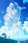  1girl arm_up blue_sky blue_theme cumulonimbus_cloud day grass highres lake makoron117117 original outdoors people scenery silhouette sky solo sparkle sunlight water water_drop 