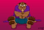  2017 absurd_res anthro artist_name beast_(disney) beauty_and_the_beast blue_eyes bottomwear brown_body brown_fur cape clothed clothing crossed_arms denim denim_clothing digital_media_(artwork) disney doritohead fangs feet foot_focus fur hi_res horn jeans magenta_background male monster pants signature simple_background sitting solo teeth toes topless topless_male 