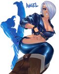  1girl angel_(kof) astrubalart blue_eyes boots bra breasts chaps cowboy_boots cropped_jacket fingerless_gloves gloves hair_over_one_eye highres jacket large_breasts leather leather_jacket looking_at_viewer short_hair snk solo strapless strapless_bra the_king_of_fighters the_king_of_fighters_xiv toned underwear 