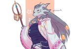  2022 accessory anthro asian_clothing clothing dragon east_asian_clothing female hair_accessory hi_res holding_object holding_staff horn looking_at_viewer simple_background solo staff trololohstuffs 