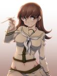  1girl 547th_sy breasts brown_eyes brown_hair eyebrows_visible_through_hair gradient gradient_background grey_background hair_between_eyes highres kantai_collection kitakami_(kancolle) kitakami_kai_ni_(kancolle) long_hair looking_at_viewer medium_breasts mimikaki navel neckerchief ooi_(kancolle) panties sailor_collar school_uniform serafuku smile solo underwear white_neckerchief white_panties yellow_sailor_collar 