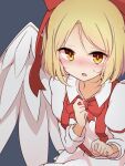  1girl :o angel_wings blonde_hair blue_background blush bow bowtie collared_shirt commentary_request embarrassed feathered_wings gengetsu_(touhou) hair_bow inon long_sleeves looking_at_viewer nervous nose_blush open_mouth red_bow red_bowtie shirt short_hair skirt suspender_skirt suspenders sweatdrop touhou touhou_(pc-98) upper_body white_shirt white_skirt white_wings wings yellow_eyes 