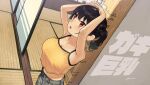  1girl :o armpits arms_up bangs black_hair breasts camisole cleavage commentary_request grey_shorts highres kaedeko_(kaedelic) large_breasts measuring measuring_stick midriff navel oppai_loli original saki_sasaki_(kaedeko) short_hair shorts solo twintails yellow_camisole 