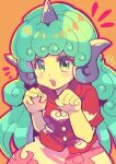  aqua_hair buttons cloud_print commentary_request curly_hair green_eyes heart horns kariyushi_shirt komainu komano_aunn long_hair open_mouth orange_background paw_pose red_shirt shirt shorts single_horn touhou white_shorts yamadori_ofuu 