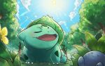 :d blush bulbasaur claws closed_eyes cloud commentary_request day fangs flower grass no_humans oddish open_mouth outdoors pkpokopoko3 pokemon pokemon_(creature) sky smile sun tongue tree yellow_flower 