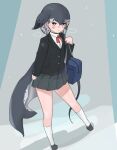  1girl bag black_jacket blue_eyes blush bow bowtie cetacean_tail collared_shirt commentary_request eyebrows_visible_through_hair grey_hair grey_skirt hair_bow highres jacket kemono_friends long_sleeves morrowine multicolored_hair narwhal_(kemono_friends) pleated_skirt red_bow red_bowtie school_bag school_uniform shirt short_hair_with_long_locks skirt socks solo white_legwear white_shirt 