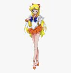  1990s_(style) 1girl aino_minako back_bow bangs bishoujo_senshi_sailor_moon blonde_hair blue_eyes bow brooch choker elbow_gloves eyebrows_visible_through_hair full_body gloves hair_bow hand_on_hip heart_brooch jewelry legs long_hair looking_at_viewer magical_girl miniskirt non-web_source official_art one_eye_closed orange_choker orange_footwear orange_sailor_collar orange_skirt pleated_skirt retro_artstyle sailor_collar sailor_senshi sailor_venus simple_background skirt solo standing star_(symbol) star_choker strappy_heels tiara white_background 