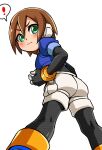  ! 1girl aile_(mega_man_zx) ass blush bodystocking bodysuit brown_hair closed_mouth gloves green_eyes highres hiru_made_ne-tarou legwear_under_shorts looking_at_viewer mega_man_(series) mega_man_zx robot_ears short_hair short_sleeves shorts simple_background skin_tight solo spandex white_background 