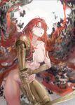  1girl agaver123 amputee breasts bug butterfly completely_nude elden_ring highres holding holding_sword holding_weapon long_hair malenia_blade_of_miquella malenia_goddess_of_rot navel nude prosthesis prosthetic_arm prosthetic_leg red_hair solo sword very_long_hair weapon wings 