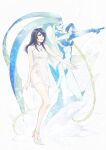  2girls black_hair blue_skin breasts closed_mouth colored_skin dress final_fantasy final_fantasy_viii full_body high_heels jewelry long_hair multiple_girls necklace noie_(neunteedelstein) rinoa_heartilly shiva_(final_fantasy) simple_background white_background 