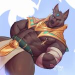  1:1 anthro anubian_jackal armor bandage bottomwear canid canine canis clothing humanoid jackal league_of_legends loincloth male mammal muscular nasus_(lol) nipple_piercing nipples pecs piercing riot_games skayous smile solo video_games view_from_below 