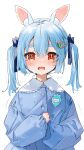  1girl animal_ear_fluff animal_ears bangs blue_hair blue_ribbon blue_shirt blush bunny-shaped_pupils buttons carrot_hair_ornament crying crying_with_eyes_open food-themed_hair_ornament gotou_(nekocat) hair_ornament hair_ribbon highres hololive long_sleeves looking_at_viewer medium_hair open_mouth puffy_long_sleeves puffy_sleeves rabbit_ears red_eyes ribbon shirt simple_background sleeves_past_wrists solo symbol-shaped_pupils tears thick_eyebrows twintails usada_pekora virtual_youtuber white_background younger 