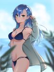  1girl blue_hair breasts chishinamu cloud earrings green_eyes hair_ornament highres jewelry long_hair looking_at_viewer maria_traydor navel necklace solo star_ocean star_ocean_anamnesis star_ocean_till_the_end_of_time swimsuit 