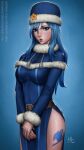  1girl artist_name bare_hips belt blue_background blue_dress blue_eyes blue_hair blue_theme breasts capelet commentary dated deviantart_username dress english_commentary english_text fairy_tail fur-trimmed_capelet fur-trimmed_dress fur-trimmed_headwear fur-trimmed_sleeves fur_collar fur_hat fur_trim hat highres italian_commentary juvia_lockser large_breasts leg_tattoo lips long_hair looking_at_viewer mixed-language_commentary nose nostrils own_hands_together patreon_username pelvic_curtain sciamano240 side_slit simple_background solo tattoo thighs v_arms web_address winter_clothes 