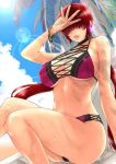  1girl bangle beach bikini bracelet breasts choker commentary_request covered_eyes day hair_over_eyes highres hot jewelry large_breasts lens_flare lips long_hair low_twintails multi-strapped_bikini palm_tree pink_lips purple_bikini red_hair shermie_(kof) sitting sk_(sk-g) solo sweat swimsuit the_king_of_fighters tree twintails underboob very_long_hair 