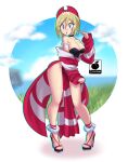  1girl absurdres adapted_costume blonde_hair blue_eyes breasts cleavage earrings hairband highres irida_(pokemon) jewelry large_breasts leg_wrap legs linkartoon pokemon pokemon_(game) pokemon_legends:_arceus red_hairband shirt solo strapless strapless_shirt strappy_heels toes waist_cape 