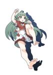  1dorokko 1girl aqua_hair barefoot buttons cloud_print commentary_request curly_hair full_body green_eyes heart horns kariyushi_shirt komainu komano_aunn long_hair midriff_peek one-hour_drawing_challenge open_mouth paw_pose red_shirt shirt shorts simple_background single_horn toes touhou white_background white_shorts 