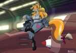  &lt;3 2022 aircraft airplane anthro armor black_boots black_clothing black_footwear black_nose blonde_hair boots breasts canid canine clothing digital_media_(artwork) female footwear fox hair halcy0n headgear helmet hi_res looking_at_viewer mammal shirt sitting smile solo tank_top topwear 