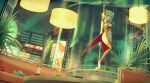  1girl blurry blurry_background breasts city dutch_angle eyebrows_visible_through_hair garter_straps goggles goggles_on_head green_eyes green_hair gumi hair_between_eyes high_heels highres medium_breasts pole_dancing red_goggles sakakidani shoes shoes_removed short_hair_with_long_locks solo thighhighs vocaloid 