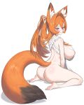  1girl absurdres animal_ear_fluff animal_ears apron ass bangs barefoot blue_eyes blush breasts bunching_hair fox_ears fox_girl fox_tail frilled_apron frills full_body hair_intakes head_tilt highres holding holding_hair huge_breasts long_hair looking_at_viewer naked_apron orangefox original sideboob simple_background smile solo tail white_apron white_background 
