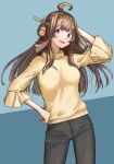  1girl :d ahoge alternate_costume black_pants blouse blue_background breasts brown_hair character_name contrapposto cowboy_shot eyebrows_visible_through_hair hair_bun headgear highres kantai_collection kongou_(kancolle) kongou_kai_ni_(kancolle) long_hair looking_at_viewer medium_breasts pants purple_eyes simple_background smile solo standing twitter_username two-tone_background umibudou yellow_blouse 